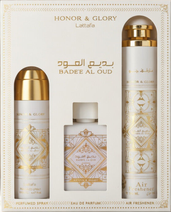 Lattafa Bade'e Al Oud Honor & Glory Eau de Parfum 3.4oz, Perfumed Spray 6.7oz, Air Freshener 10.1oz
Gift Set for Men