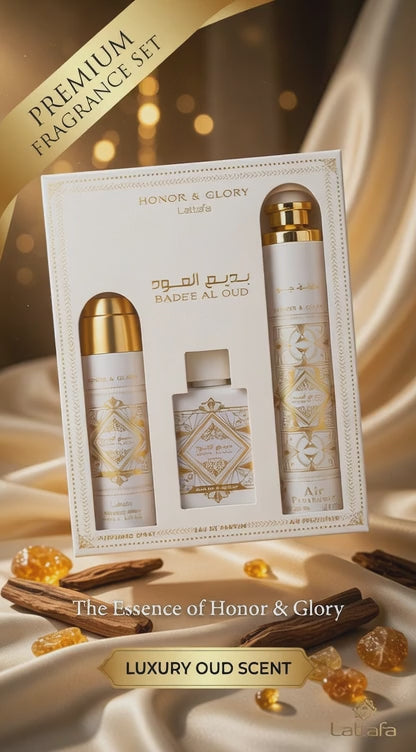 Lattafa Bade'e Al Oud Honor & Glory Eau de Parfum 3.4oz, Perfumed Spray 6.7oz, Air Freshener 10.1oz
Gift Set for Men